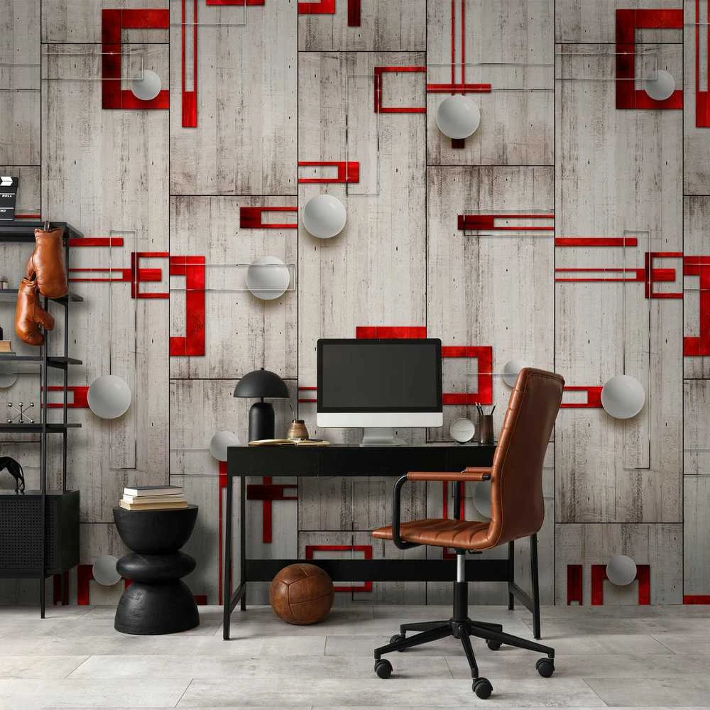 Artgeist Tapetas - Concrete, red frames and baltas knobs