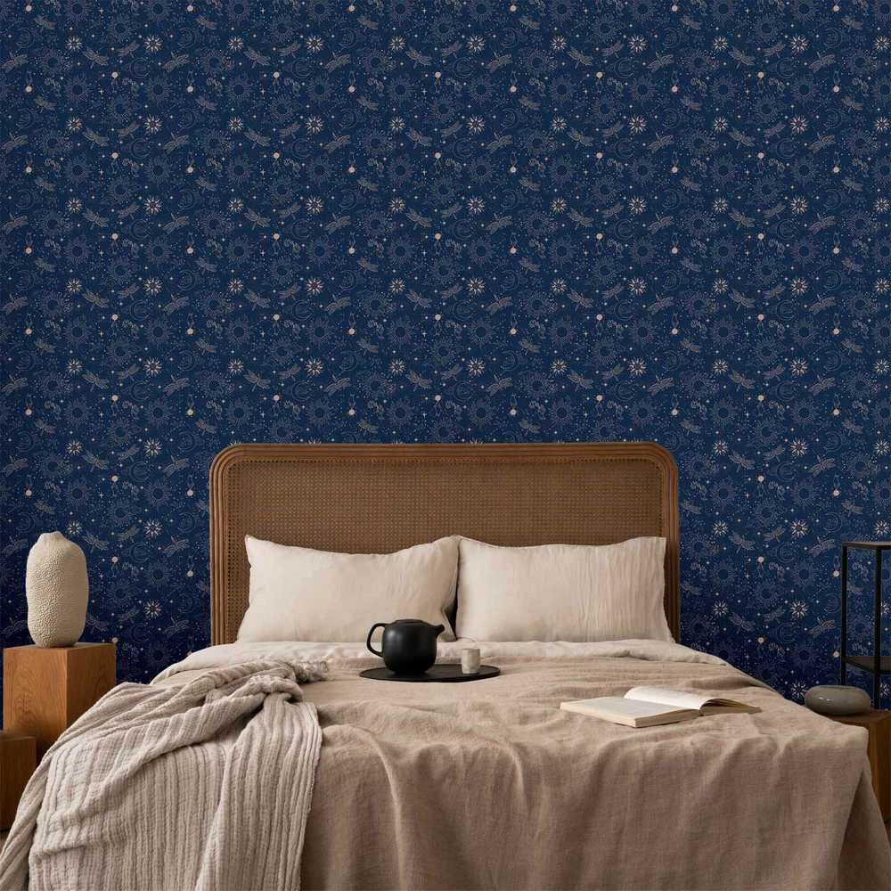 Artgeist Tapetas - Cosmic Fantasy - Pattern with Suns - Moons - and Dragonflies on a Dark Background.