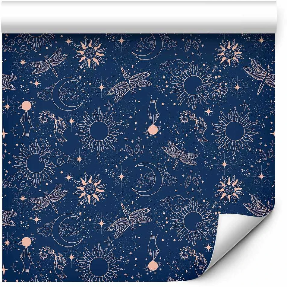 Artgeist Tapetas - Cosmic Fantasy - Pattern with Suns - Moons - and Dragonflies on a Dark Background.