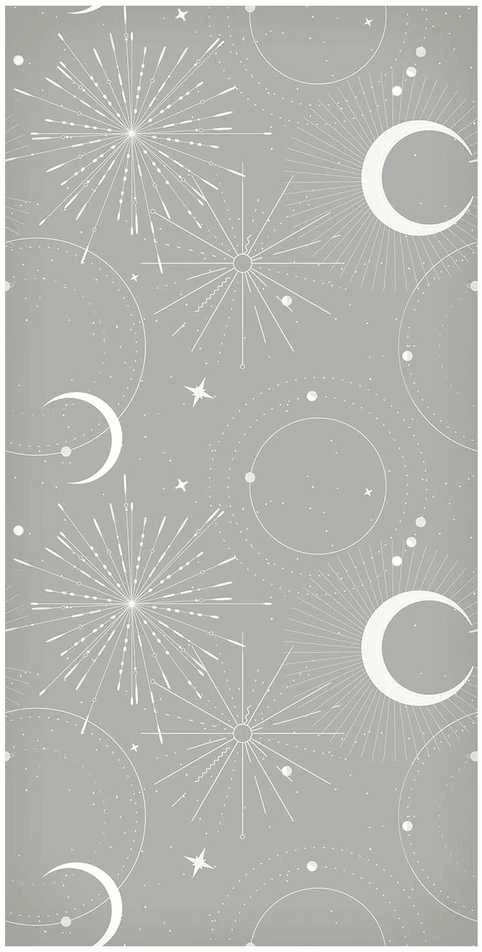 Artgeist Tapetas - Cosmic Fireworks - Elegant pattern with moons and stars on a pilka background.