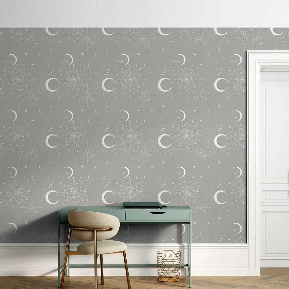 Artgeist Tapetas - Cosmic Fireworks - Elegant pattern with moons and stars on a pilka background.