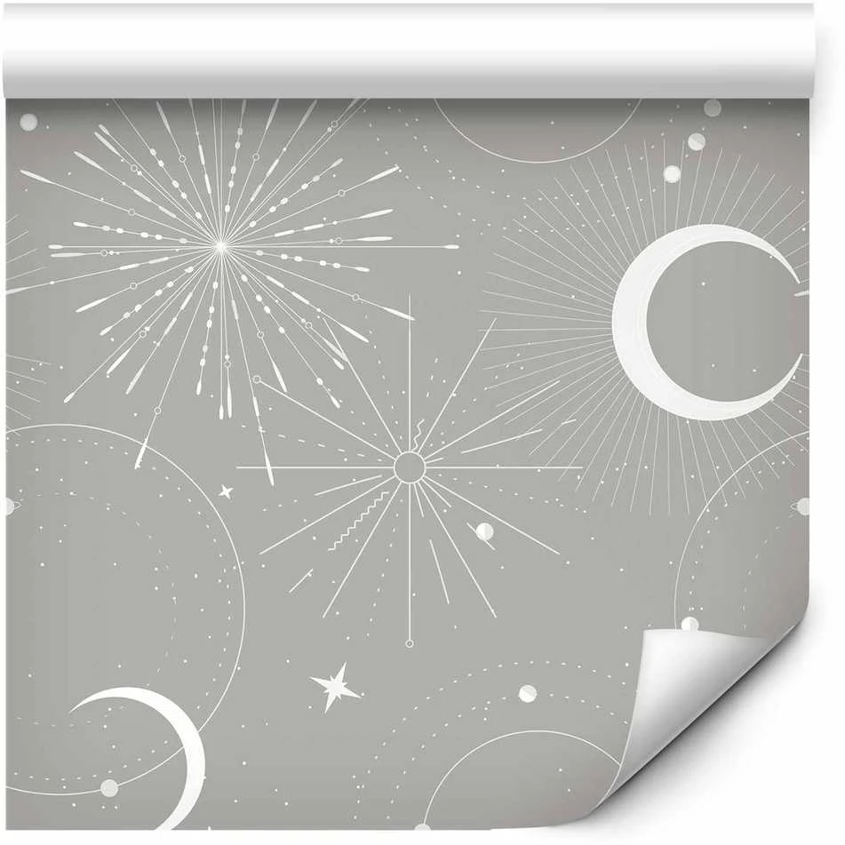 Artgeist Tapetas - Cosmic Fireworks - Elegant pattern with moons and stars on a pilka background.