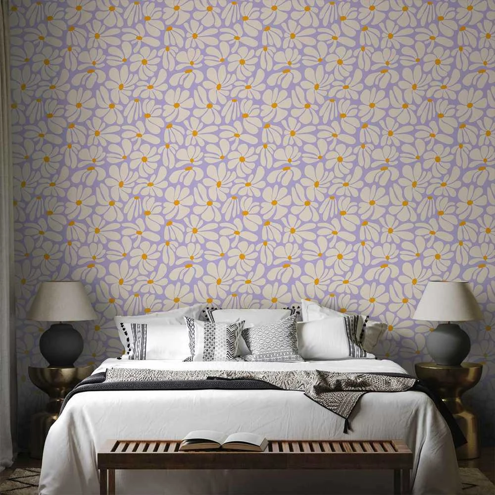 Artgeist Tapetas - Cute Creamy Little Flowers - Small flowers with creamy - wind-blown petals on a mėlynas background.