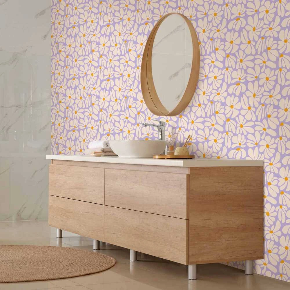 Artgeist Tapetas - Cute Creamy Little Flowers - Small flowers with creamy - wind-blown petals on a mėlynas background.