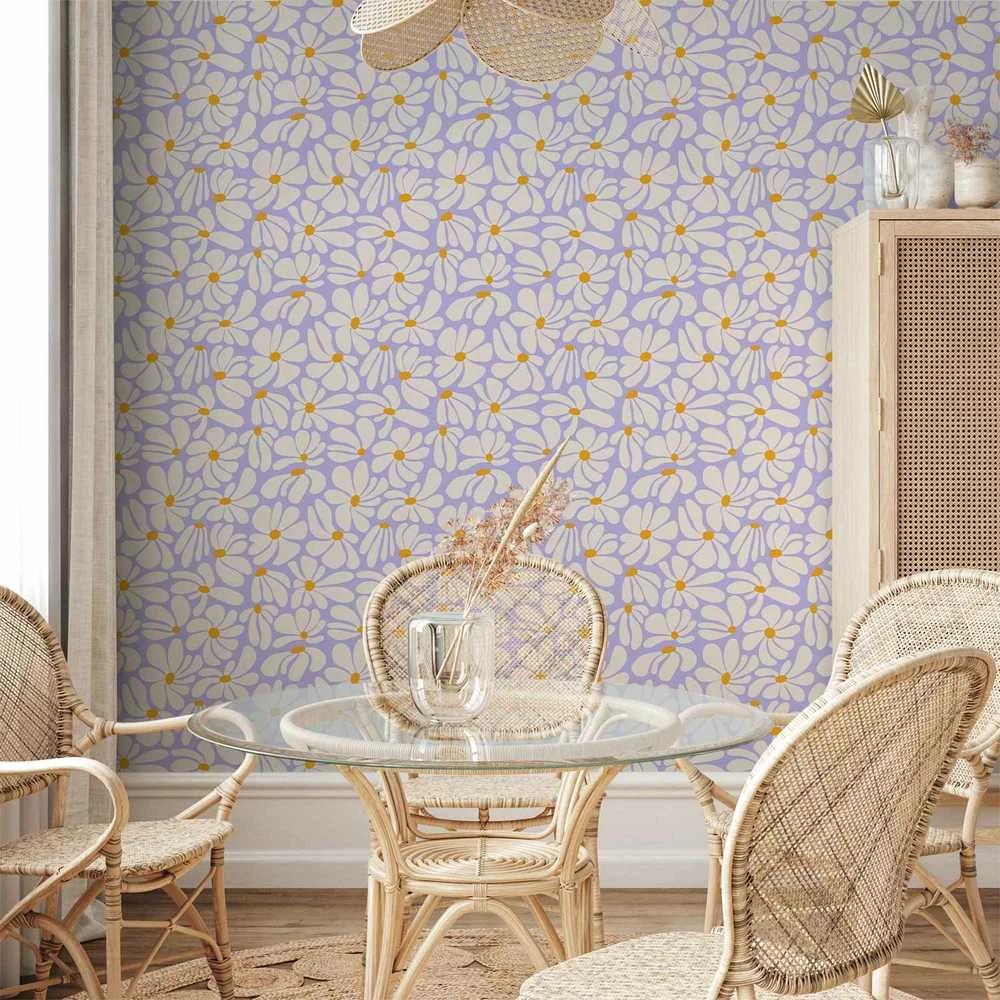 Artgeist Tapetas - Cute Creamy Little Flowers - Small flowers with creamy - wind-blown petals on a mėlynas background.
