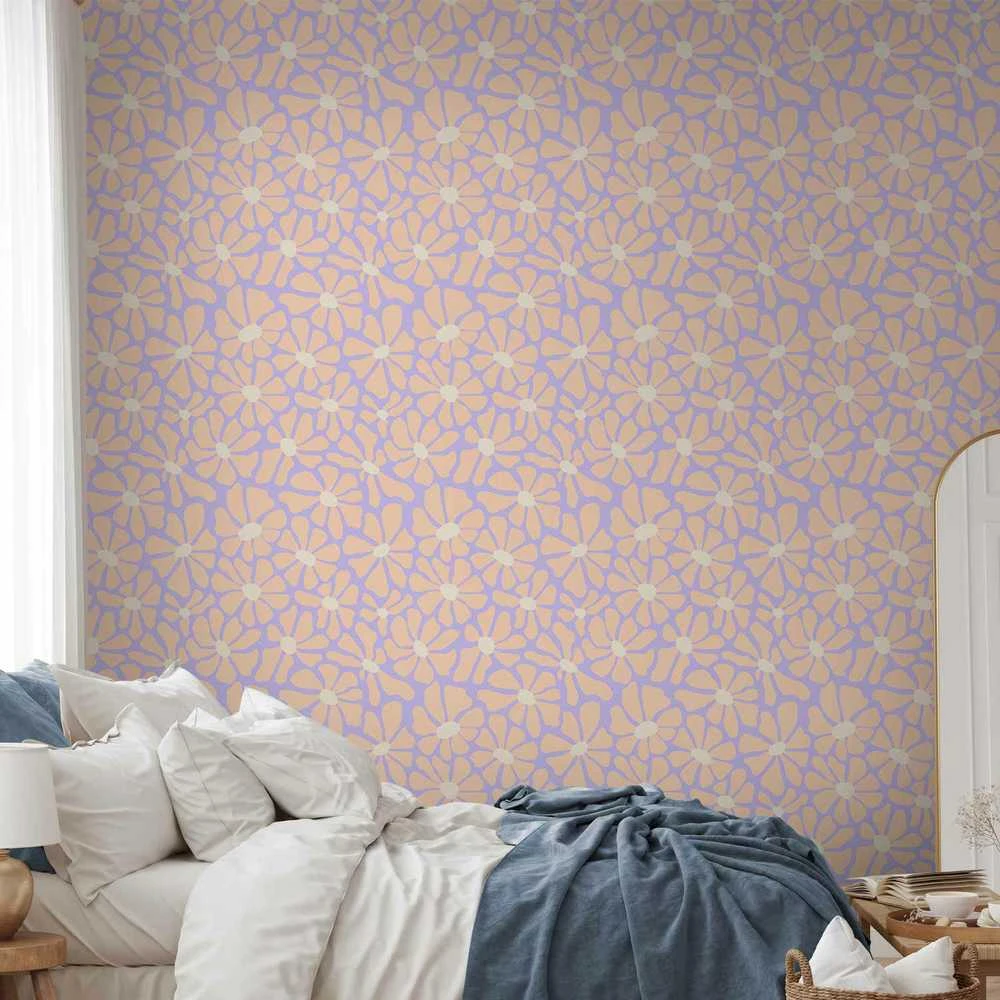 Artgeist Tapetas - Cute Light-rusvai gelsvas Little Flowers - Small flowers with beige - undulating petals on a mėlynas background.