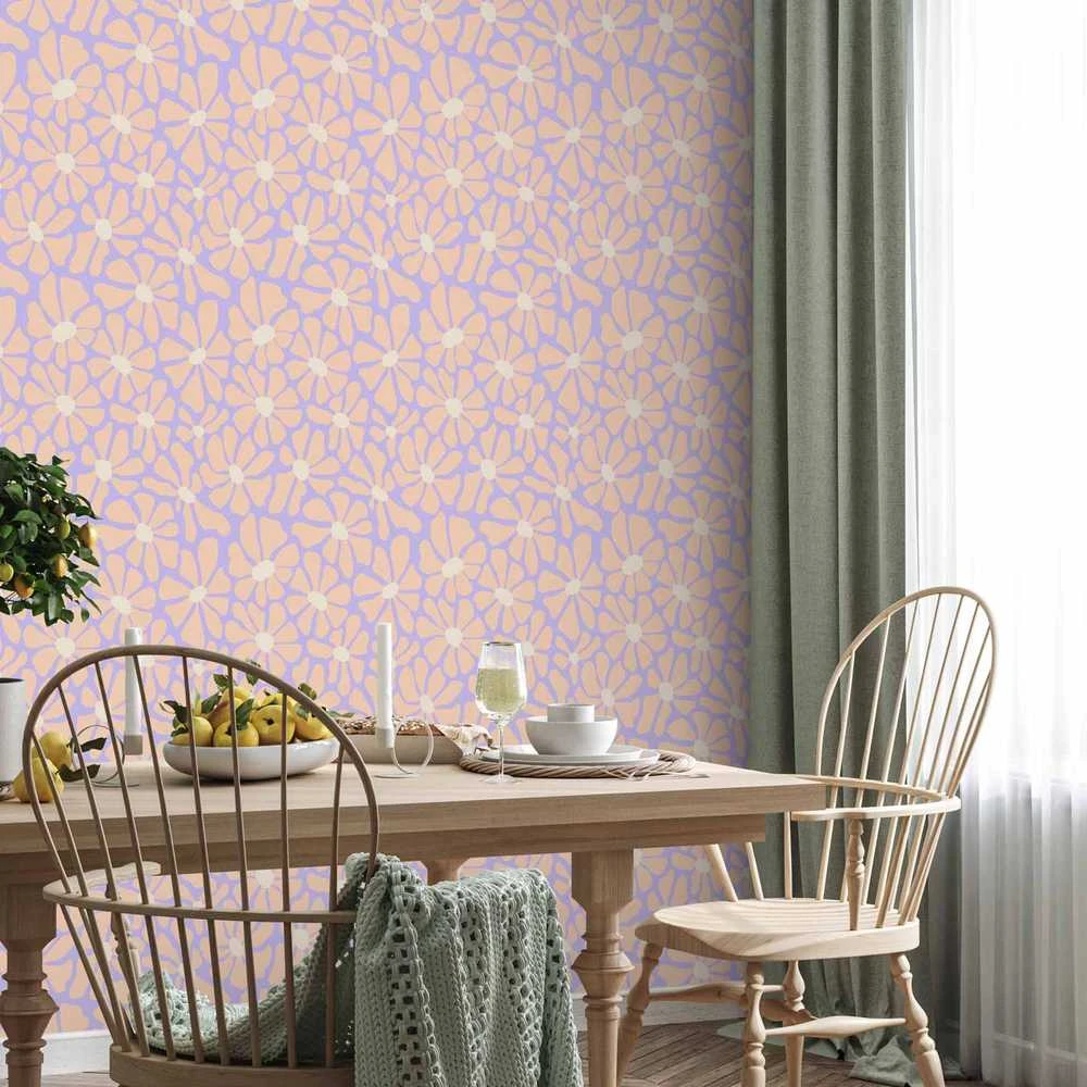 Artgeist Tapetas - Cute Light-rusvai gelsvas Little Flowers - Small flowers with beige - undulating petals on a mėlynas background.