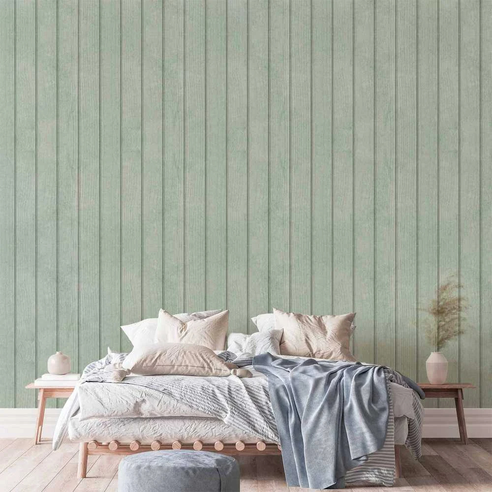 Artgeist Tapetas - Delicate Wood - Vertical stripes in a pastel žalias shade.