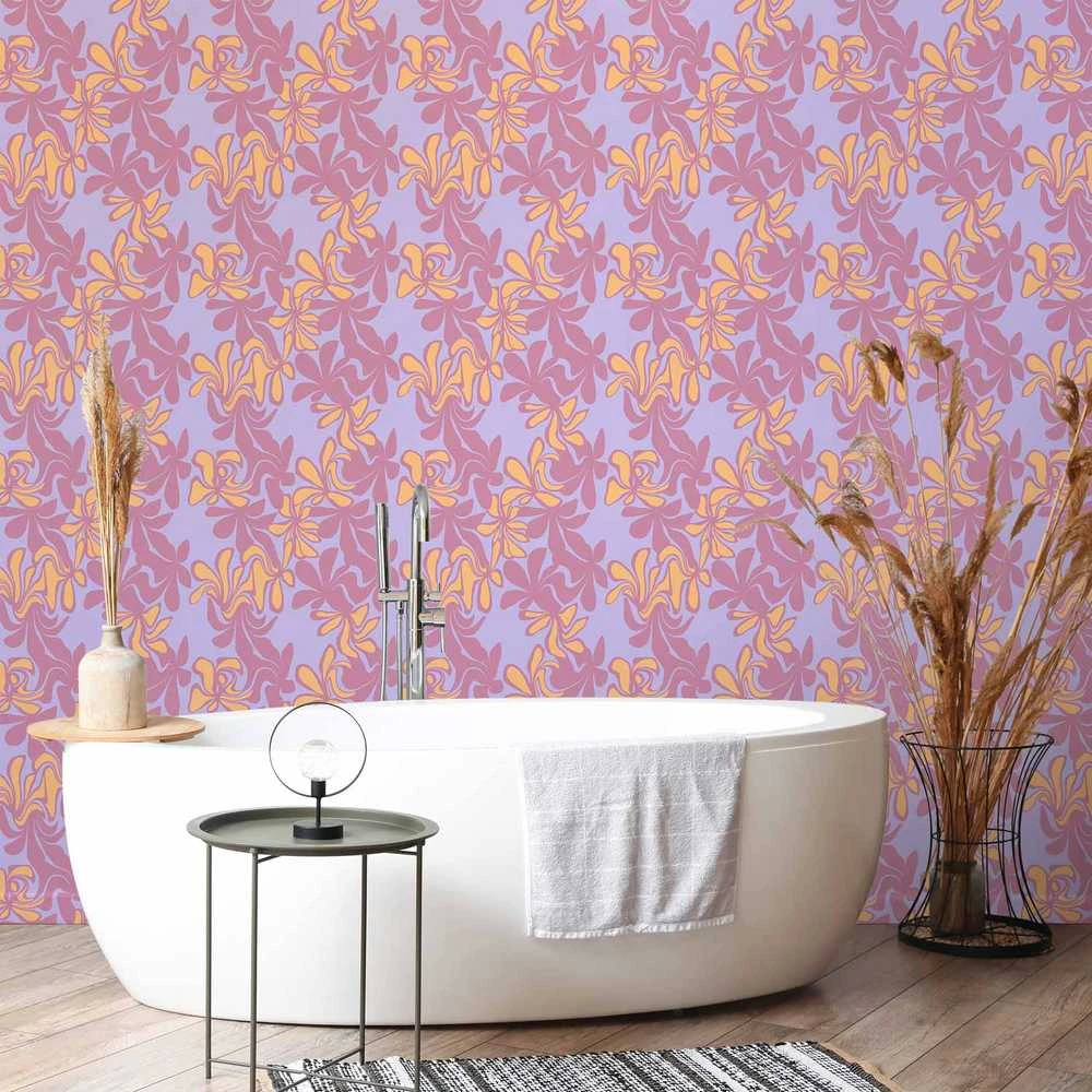 Artgeist Tapetas - Exotic - Two-Tone Flowers - Flowers in violetinė and oranžinis on a mėlynas background.