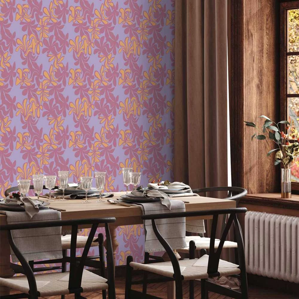 Artgeist Tapetas - Exotic - Two-Tone Flowers - Flowers in violetinė and oranžinis on a mėlynas background.
