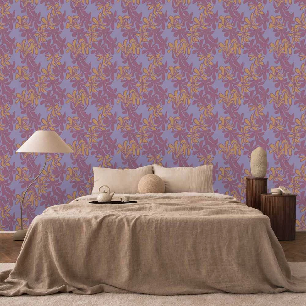 Artgeist Tapetas - Exotic - Two-Tone Flowers - Flowers in violetinė and oranžinis on a mėlynas background.