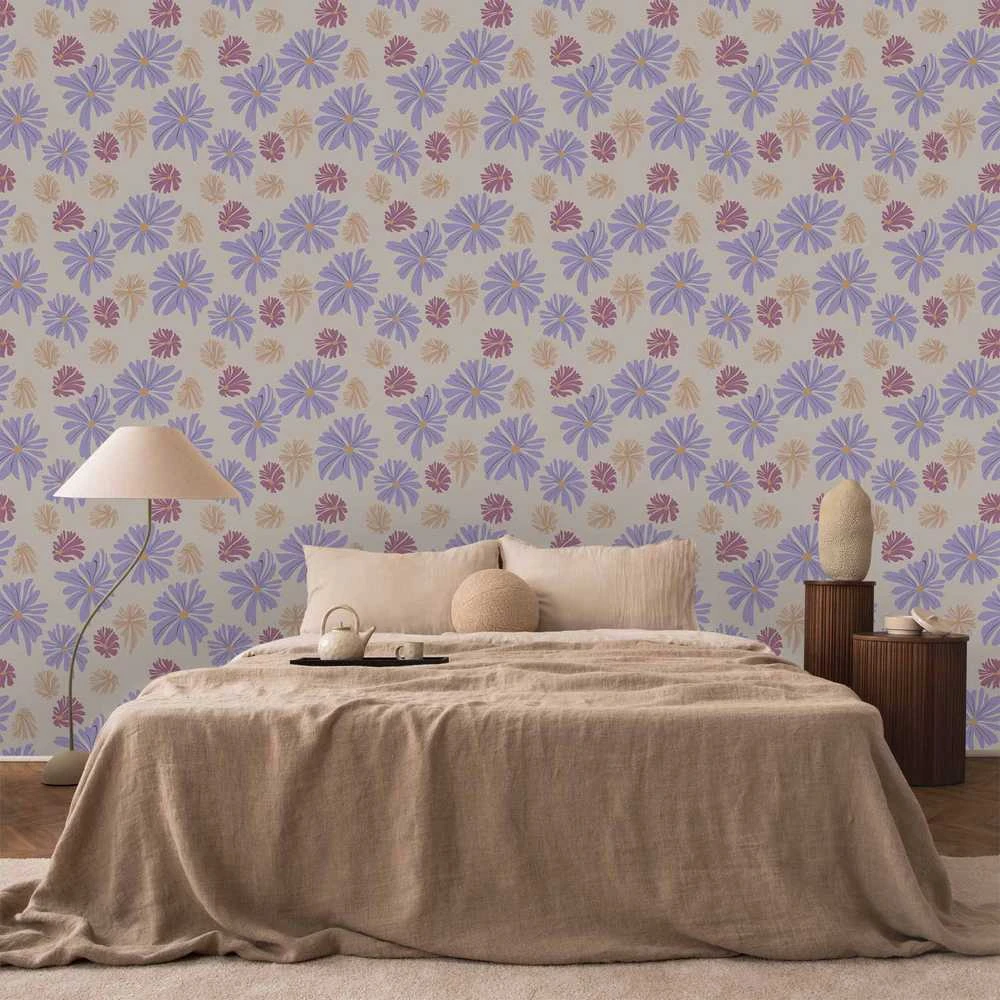 Artgeist Tapetas - Floating Flowers - Tiny - wind-borne flowers in three colors - on a light background.