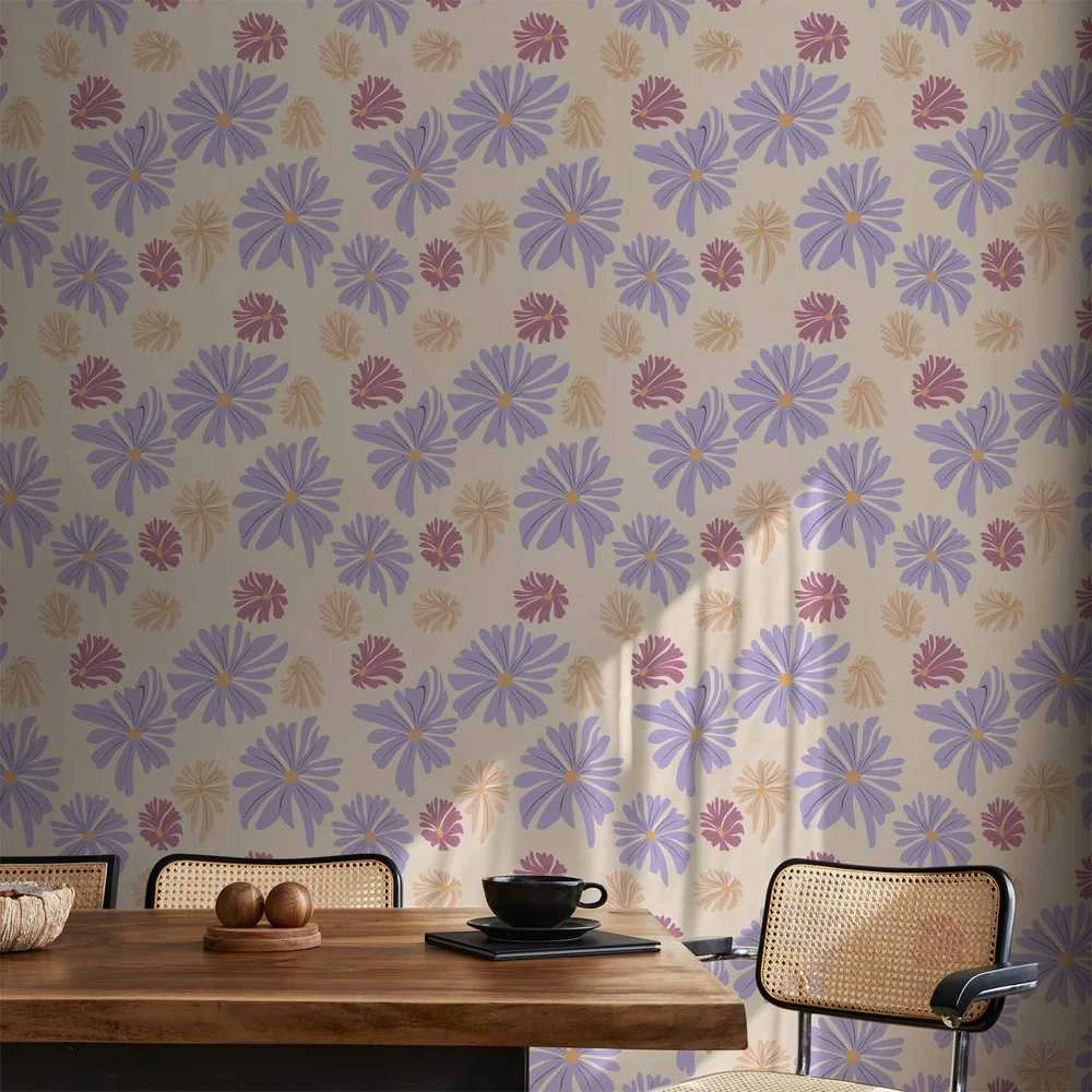 Artgeist Tapetas - Floating Flowers - Tiny - wind-borne flowers in three colors - on a light background.
