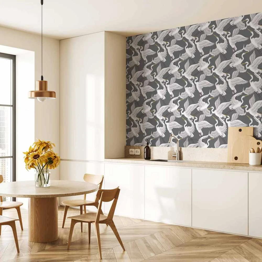 Artgeist Tapetas - Flying birds – a delicate pattern of baltas and pilkas herons on a pilkas background