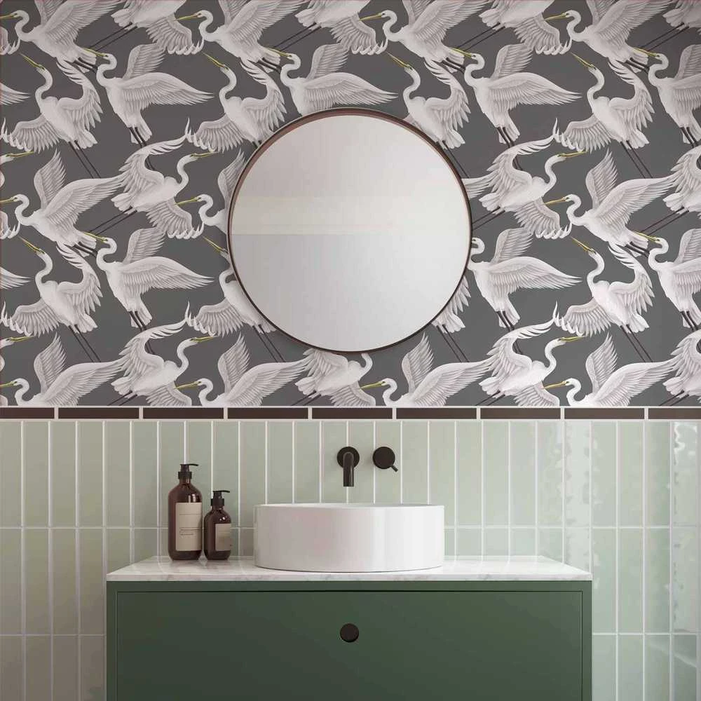 Artgeist Tapetas - Flying birds – a delicate pattern of baltas and pilkas herons on a pilkas background