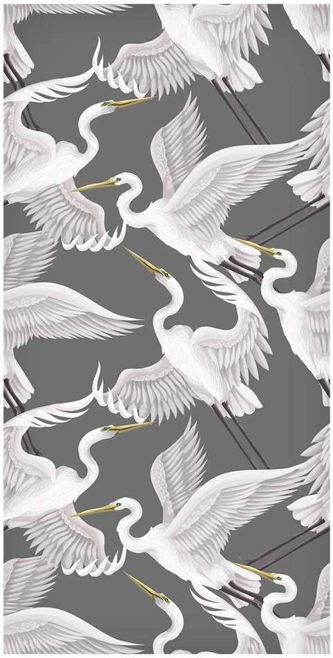 Artgeist Tapetas - Flying birds – a delicate pattern of baltas and pilkas herons on a pilkas background