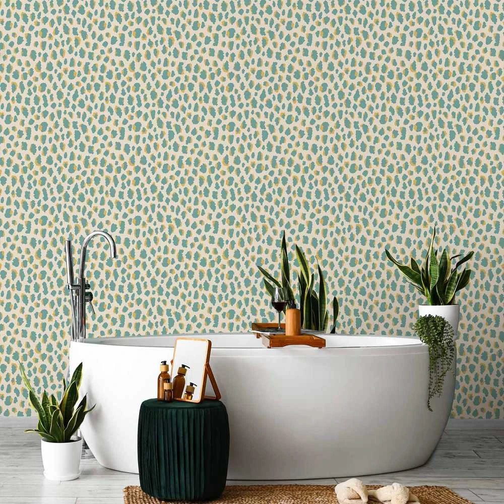 Artgeist Tapetas - Giraffe Pattern - animal pattern in turquoise spots on a light background.
