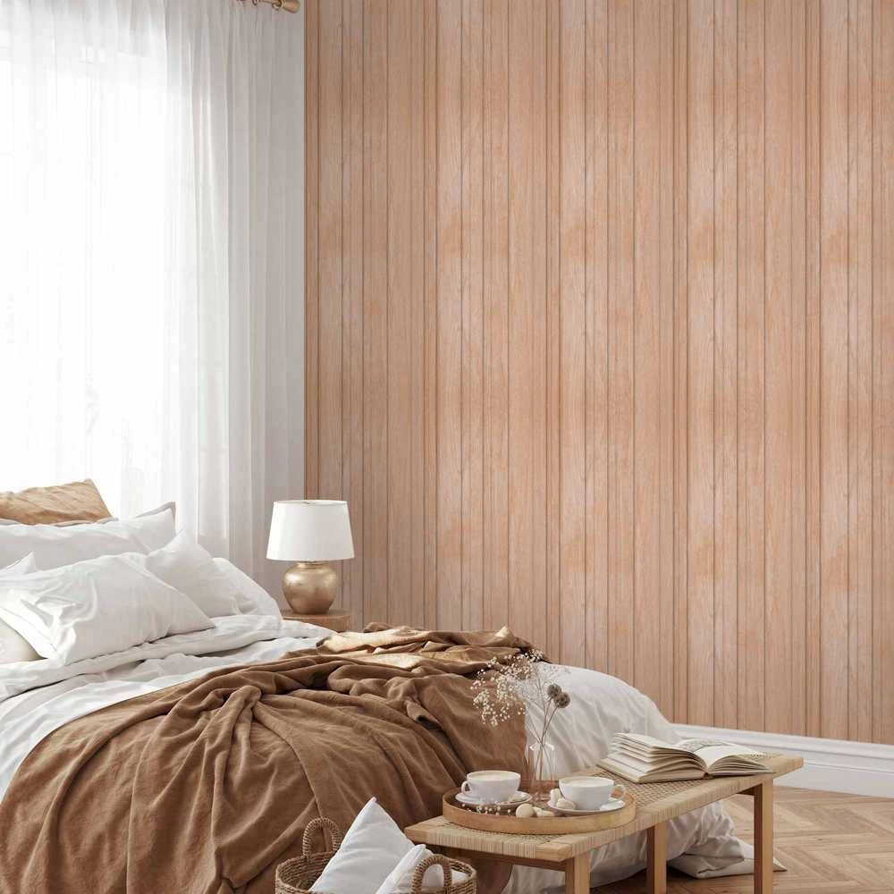 Artgeist Tapetas - Light Wood - Vertical panels in a warm beige shade.