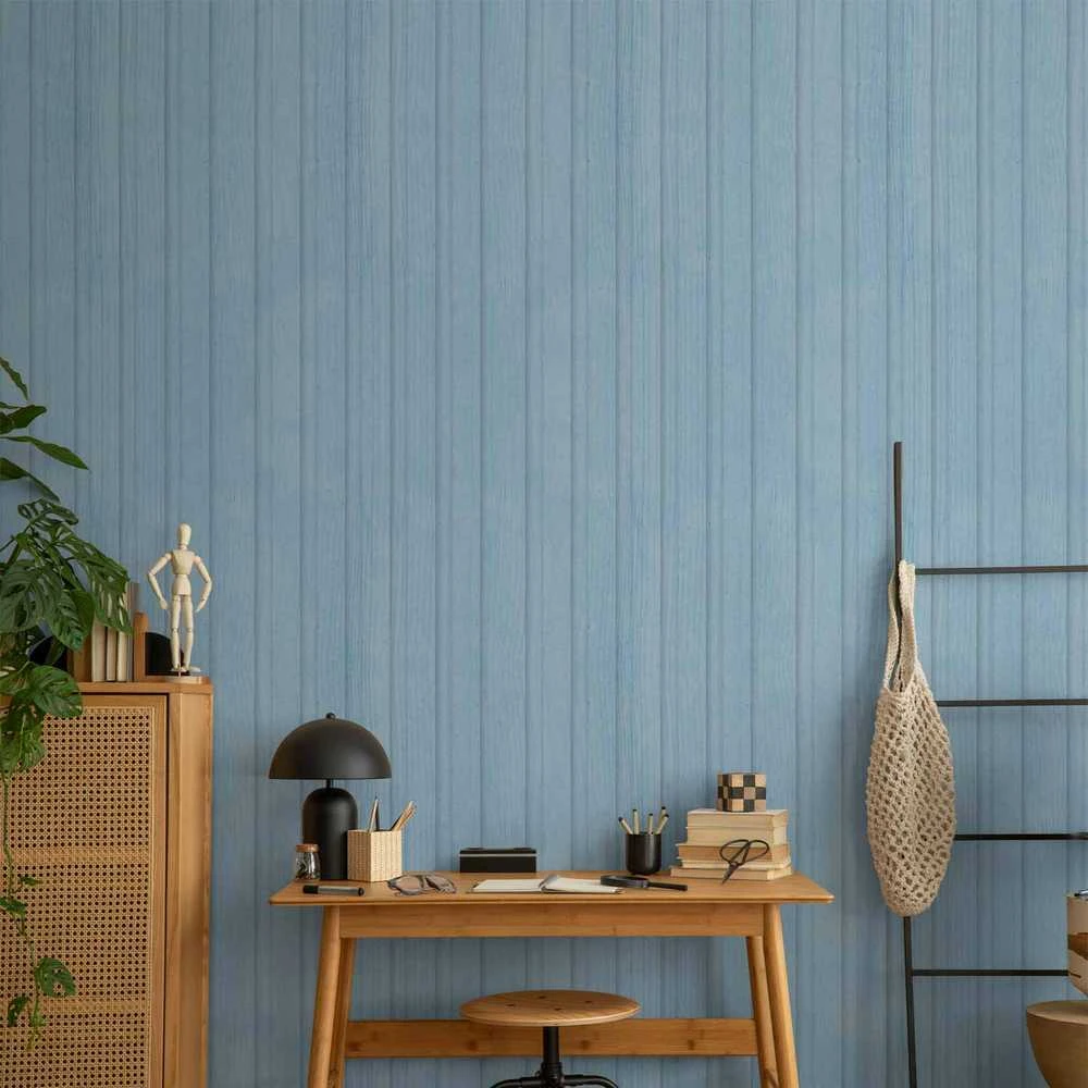 Artgeist Tapetas - Mėlyna Panels - Wooden planks in a pastel mėlynas shade.