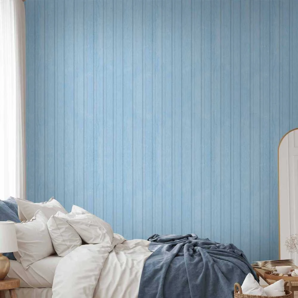 Artgeist Tapetas - Mėlyna Panels - Wooden planks in a pastel mėlynas shade.
