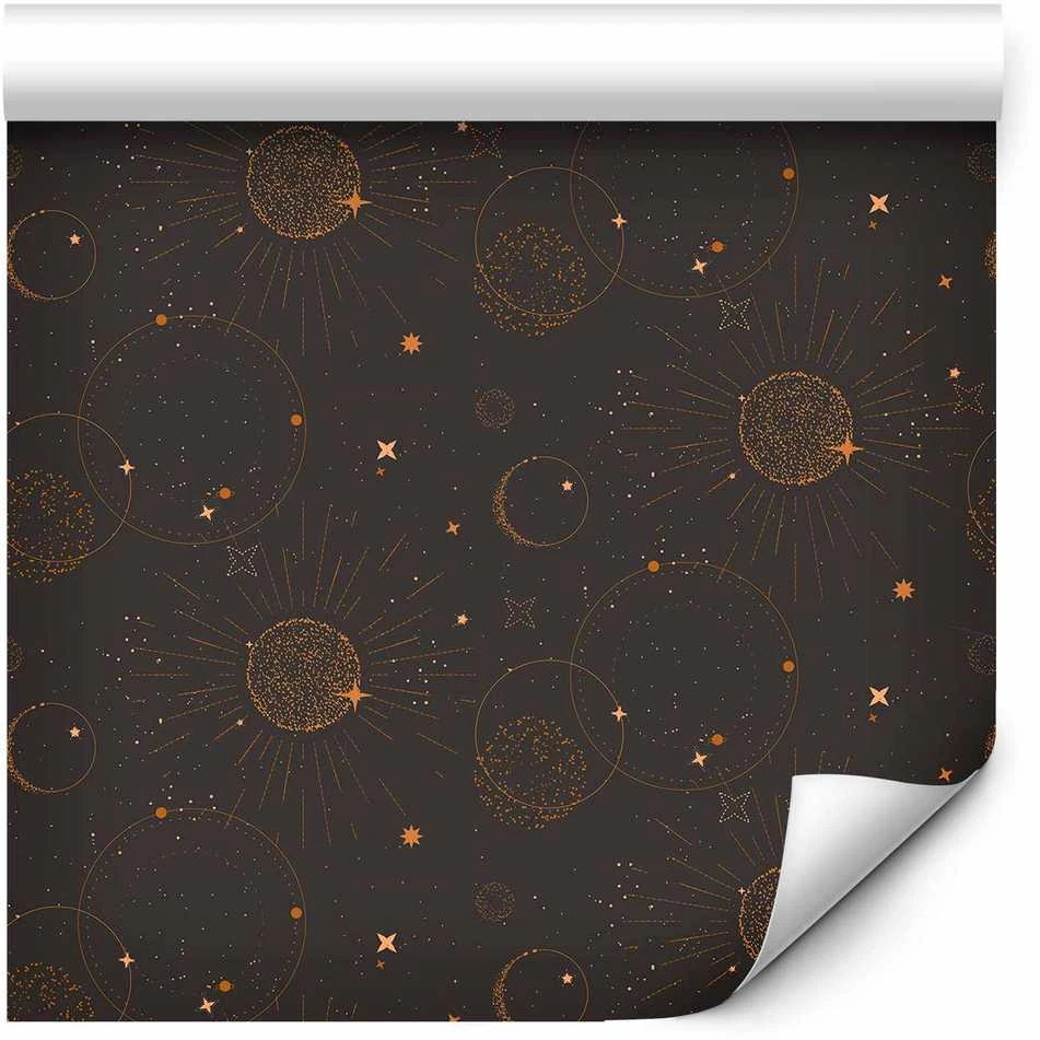 Artgeist Tapetas - Night Sky - Artistic Composition of Suns and Planets on a Juodas Background.