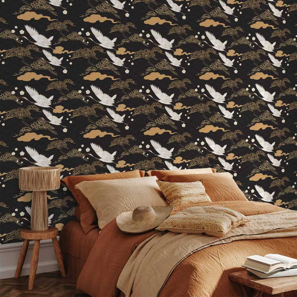 Artgeist Tapetas - Oriental impressions - decorative pattern with a motif of flying cranes on a dark background