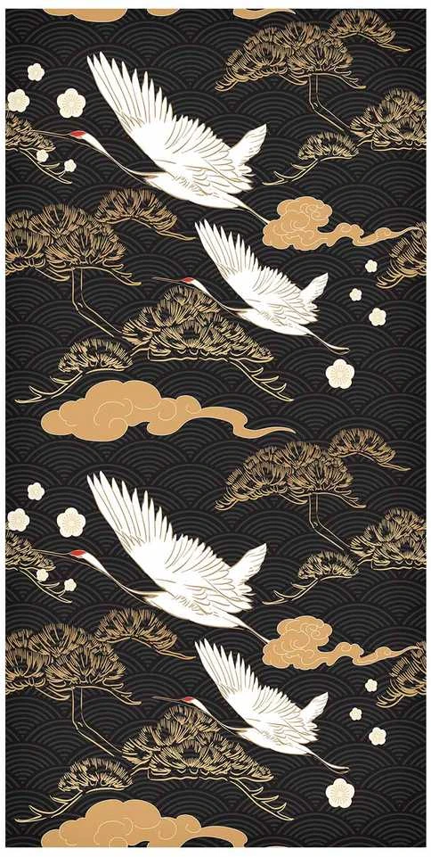 Artgeist Tapetas - Oriental impressions - decorative pattern with a motif of flying cranes on a dark background