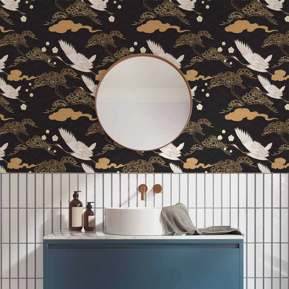 Artgeist Tapetas - Oriental impressions - decorative pattern with a motif of flying cranes on a dark background