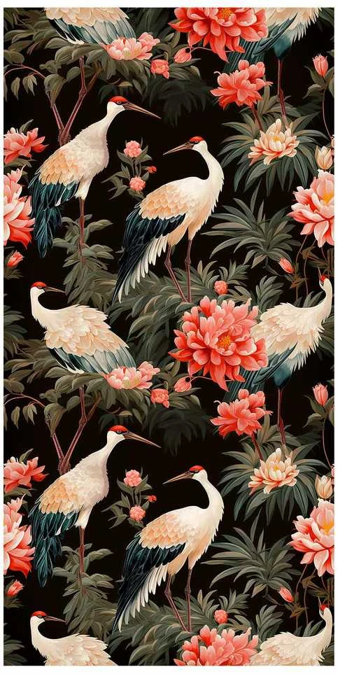 Artgeist Tapetas - Ornament with birds - silhouettes of cranes and peony flowers on a dark background