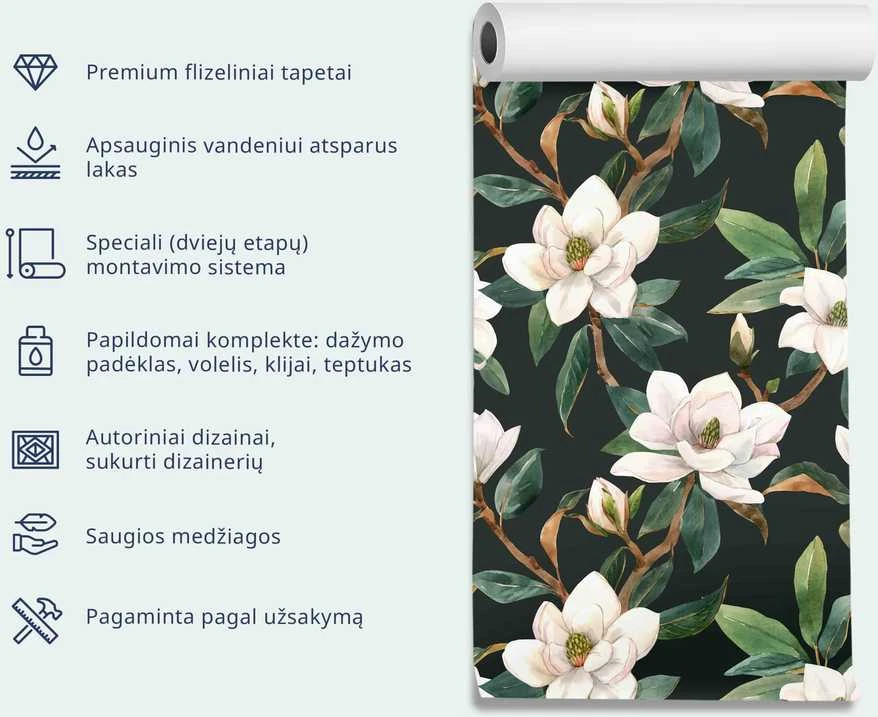 Artgeist Tapetas - Ornament with birds - silhouettes of cranes and peony flowers on a dark background