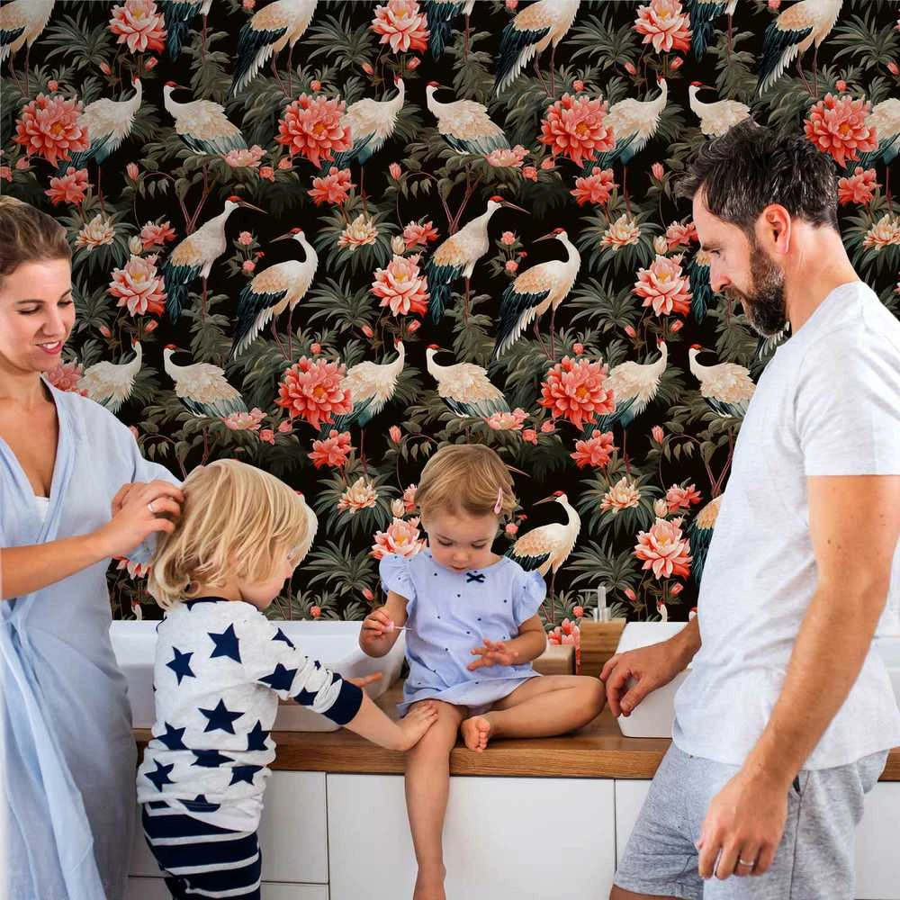 Artgeist Tapetas - Ornament with birds - silhouettes of cranes and peony flowers on a dark background