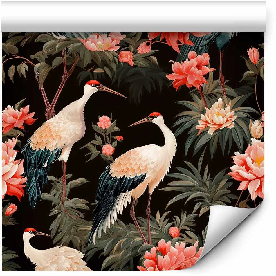 Artgeist Tapetas - Ornament with birds - silhouettes of cranes and peony flowers on a dark background