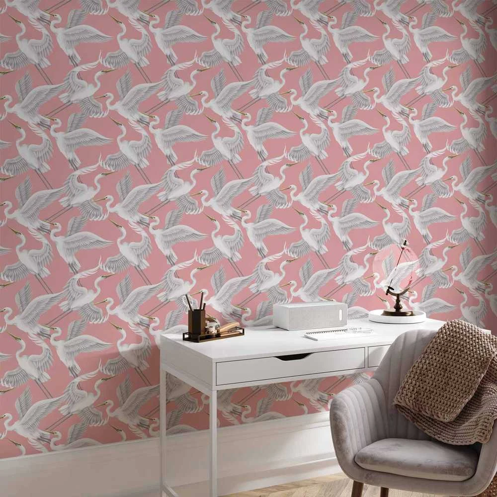 Artgeist Tapetas - Pastel birds – a delicate pattern of baltas and pilkas herons on a light pink background