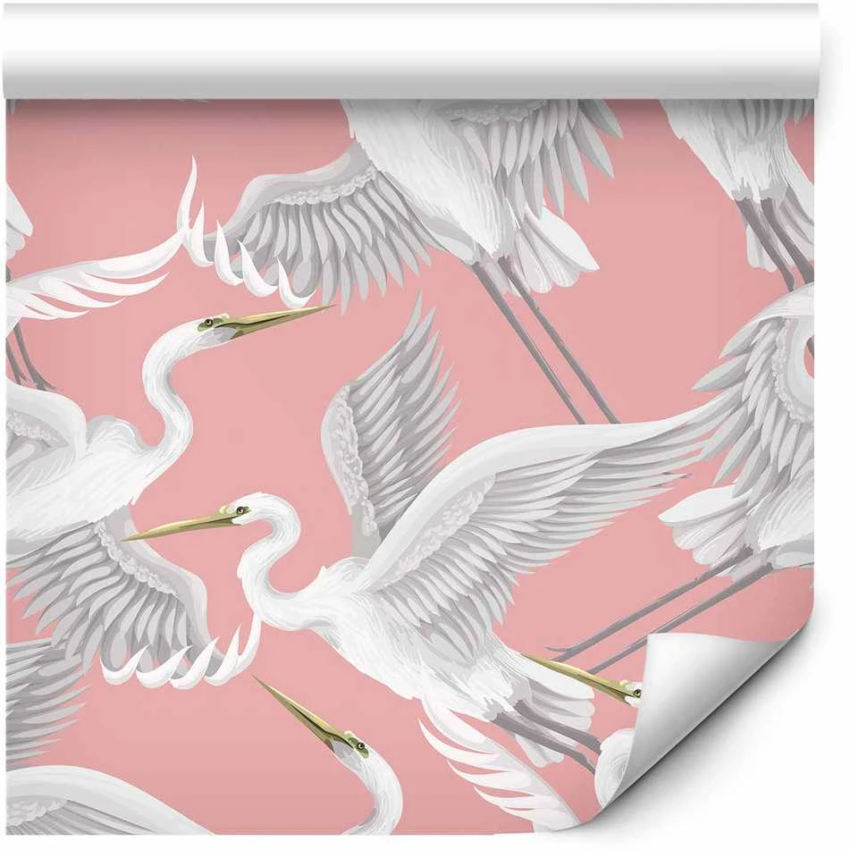 Artgeist Tapetas - Pastel birds – a delicate pattern of baltas and pilkas herons on a light pink background