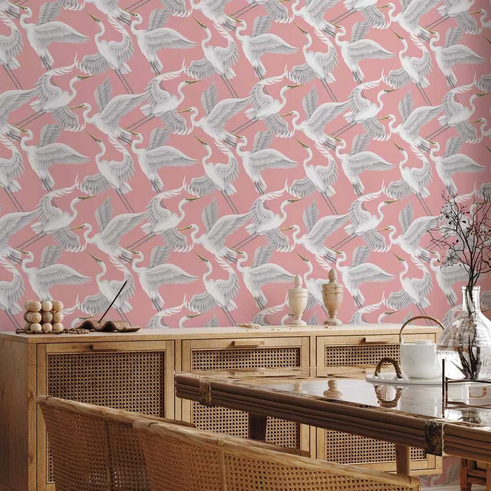 Artgeist Tapetas - Pastel birds – a delicate pattern of baltas and pilkas herons on a light pink background