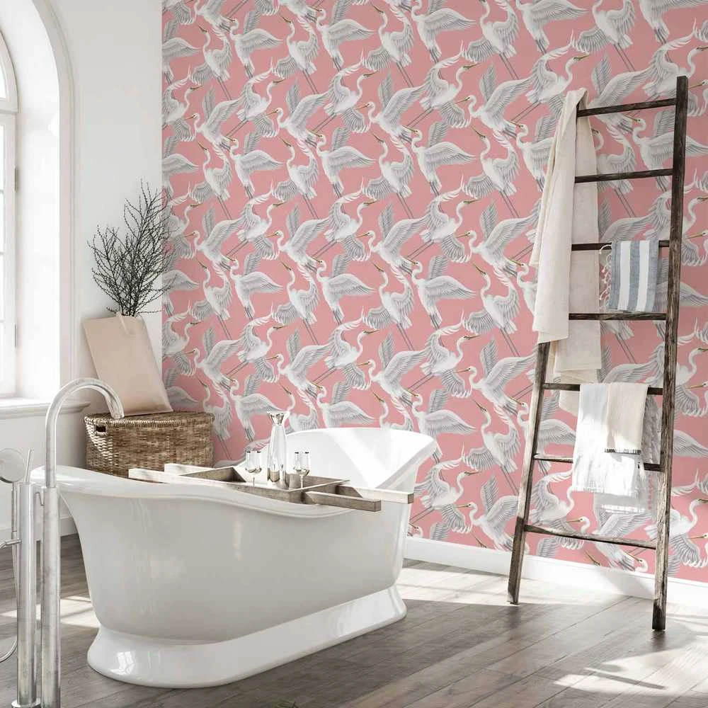 Artgeist Tapetas - Pastel birds – a delicate pattern of baltas and pilkas herons on a light pink background