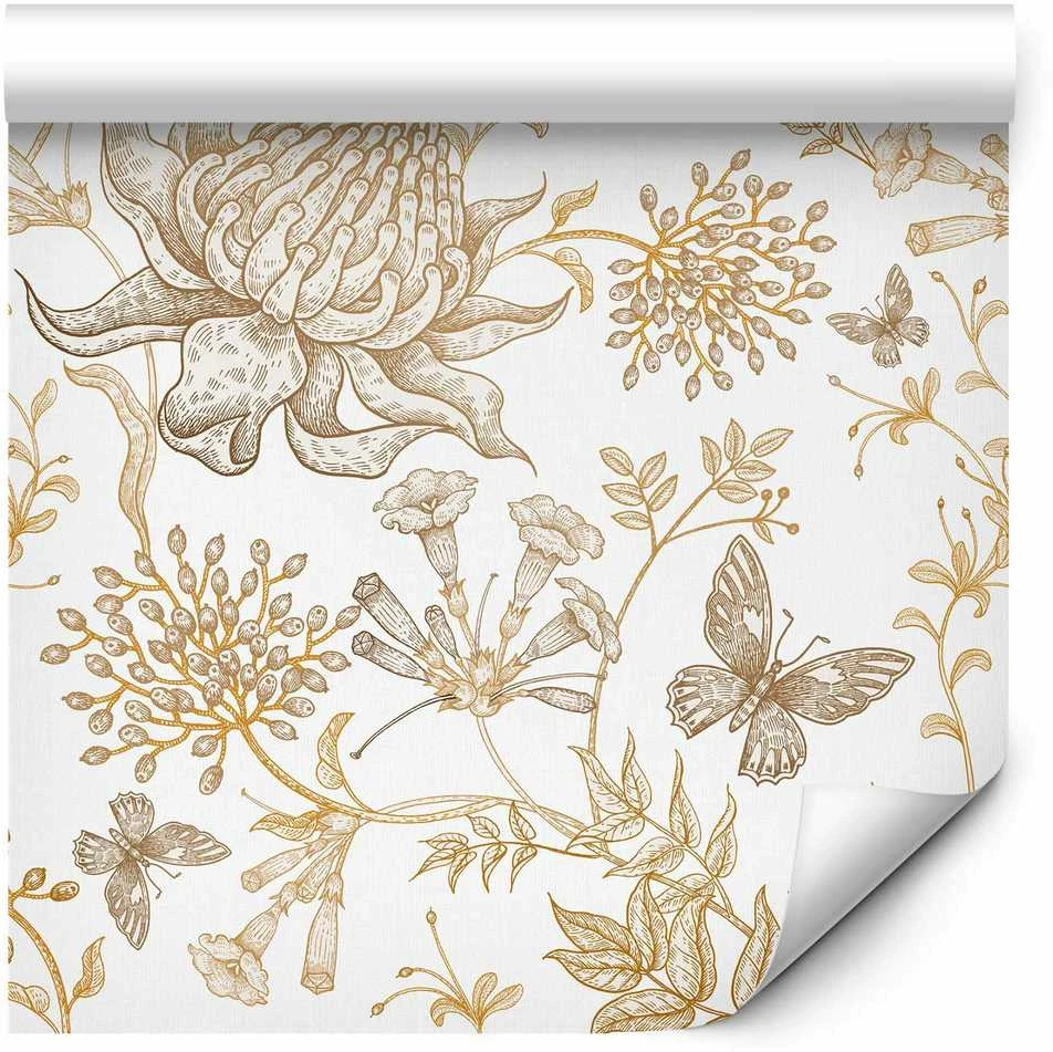 Artgeist Tapetas - rusvai gelsvas flowers and butterflies on baltas background