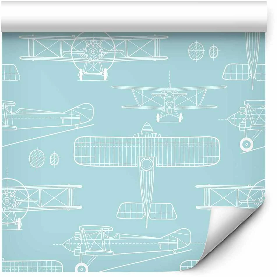Artgeist Tapetas - Sketch - Outline of an airplane in baltas on a turquoise background.