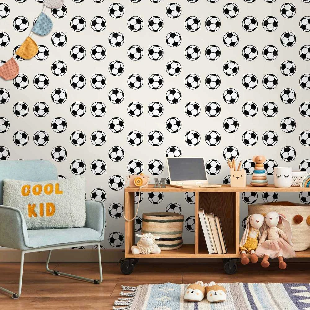 Artgeist Tapetas - Soccer - Symmetrical juodas-and-baltas soccer balls on a beige background.