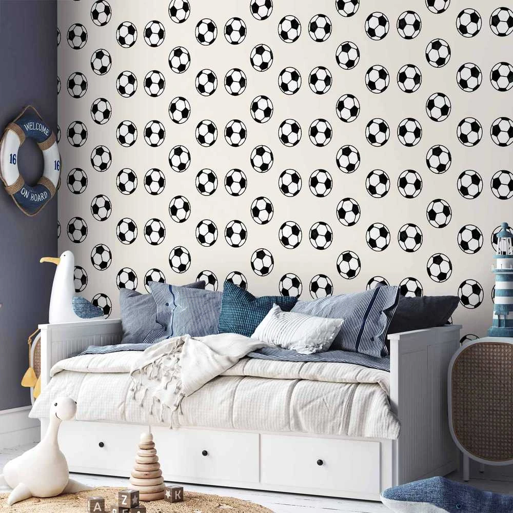 Artgeist Tapetas - Soccer - Symmetrical juodas-and-baltas soccer balls on a beige background.