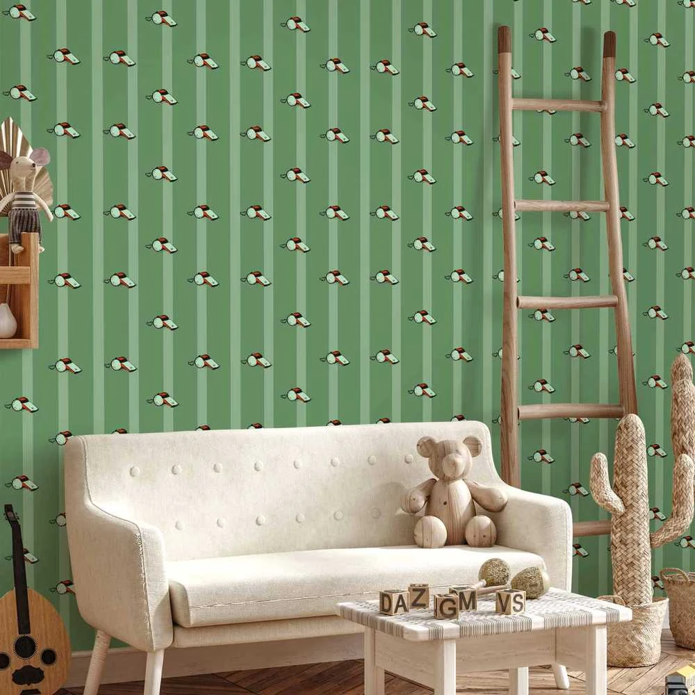 Artgeist Tapetas - Sports Whistles - Repeating pattern on a striped žalias background.