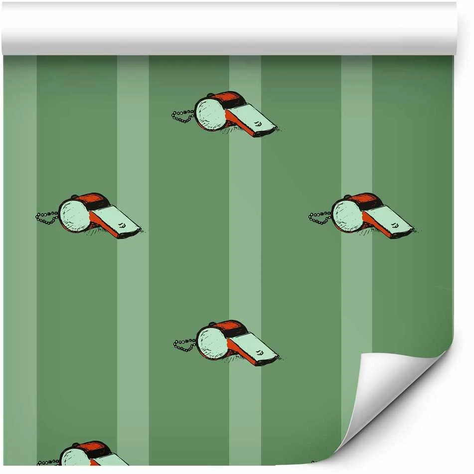 Artgeist Tapetas - Sports Whistles - Repeating pattern on a striped žalias background.