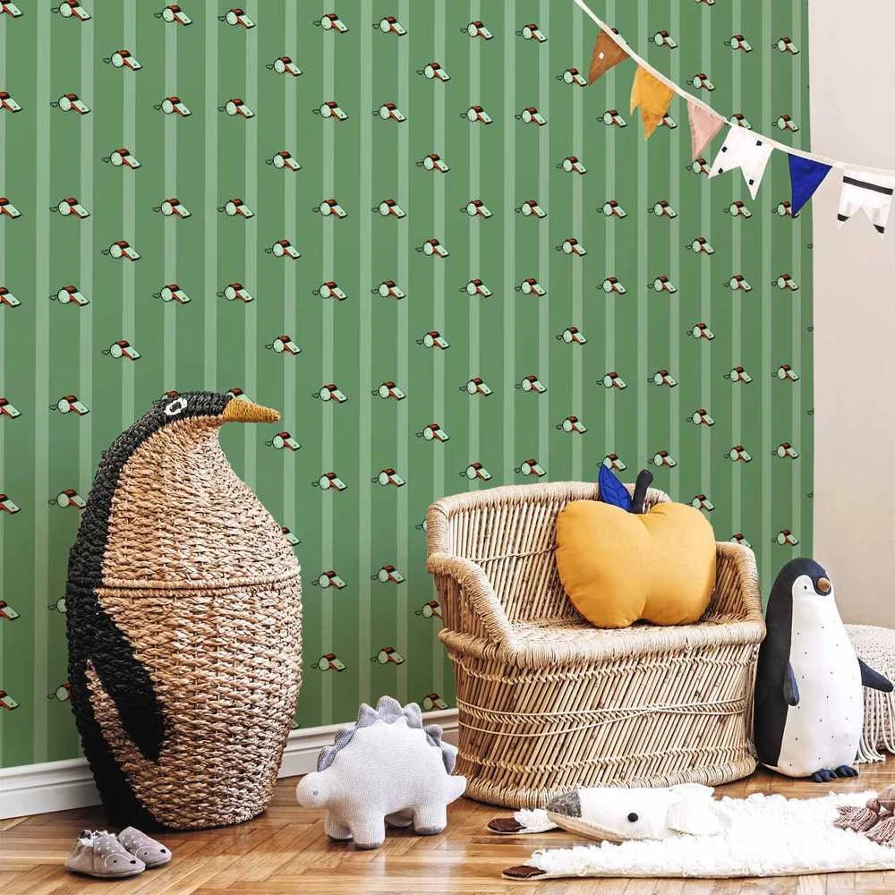 Artgeist Tapetas - Sports Whistles - Repeating pattern on a striped žalias background.
