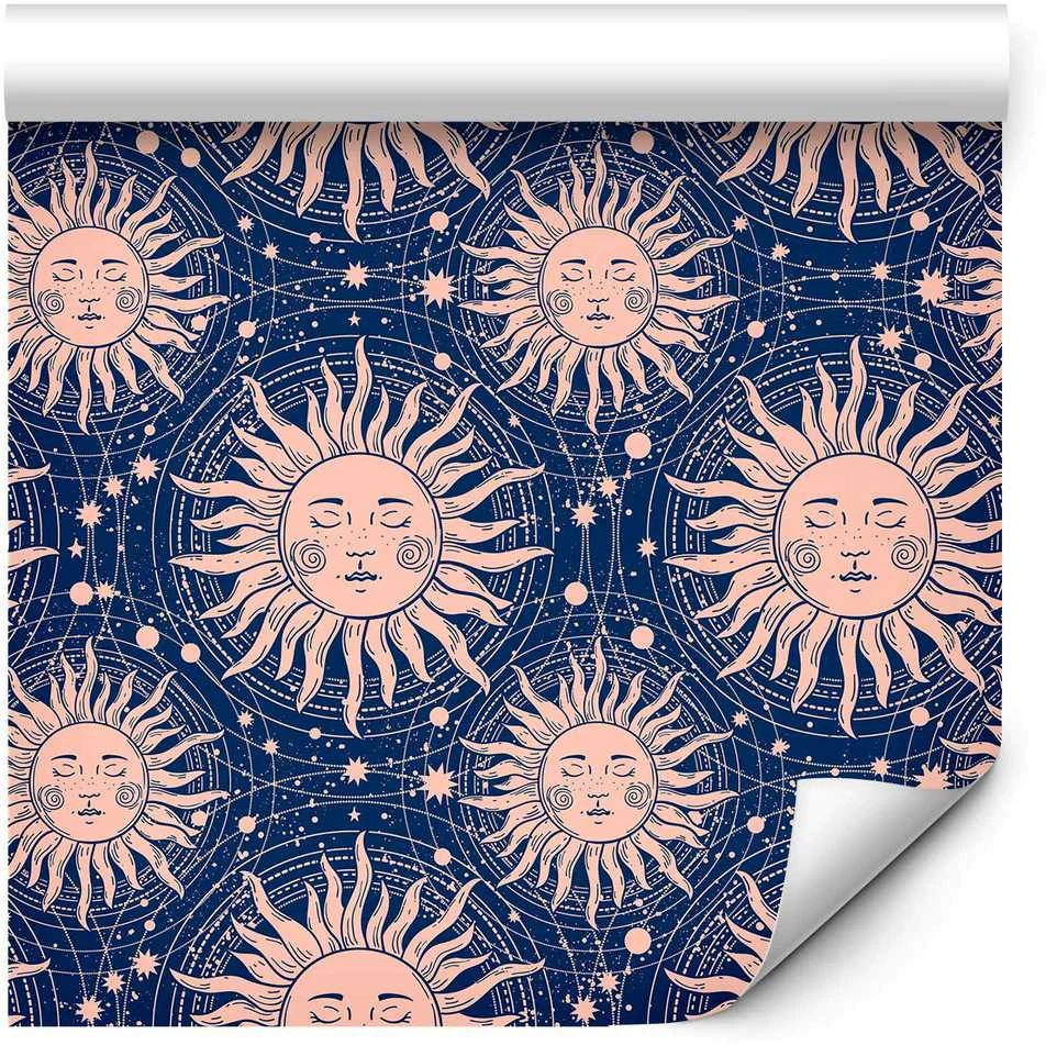 Artgeist Tapetas - Sunny Patterns - Repeating sun motif on a navy background.