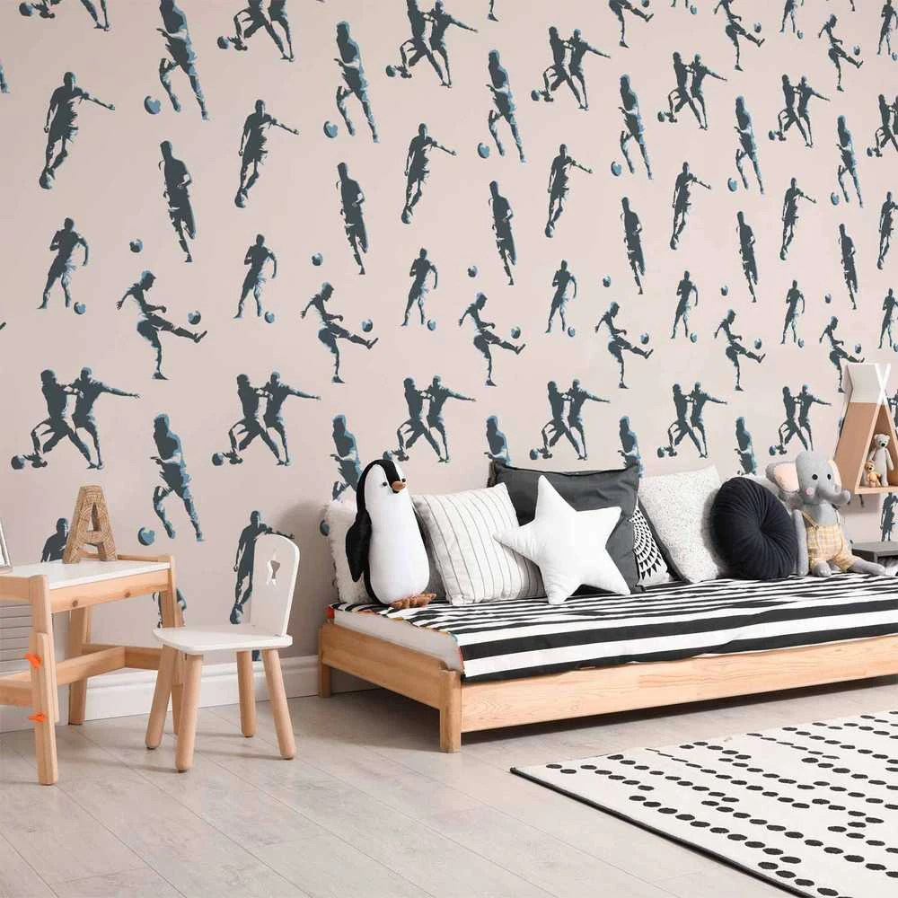 Artgeist Tapetas - Traces and Balls - Juodas-and-baltas soccer motifs on a beige background.