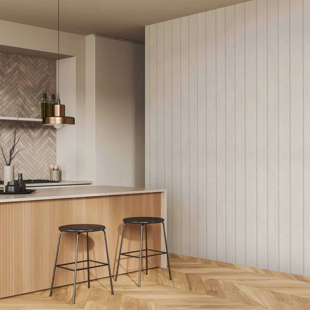 Artgeist Tapetas - Vertical Lines - Baltas background with a delicate wood pattern vertically.