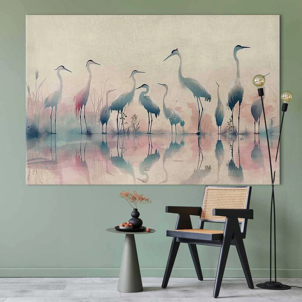 Artgeist XXL paveikslas - Birds by the lake - herons painted in watercolour in delicate pilkas and pink colours
