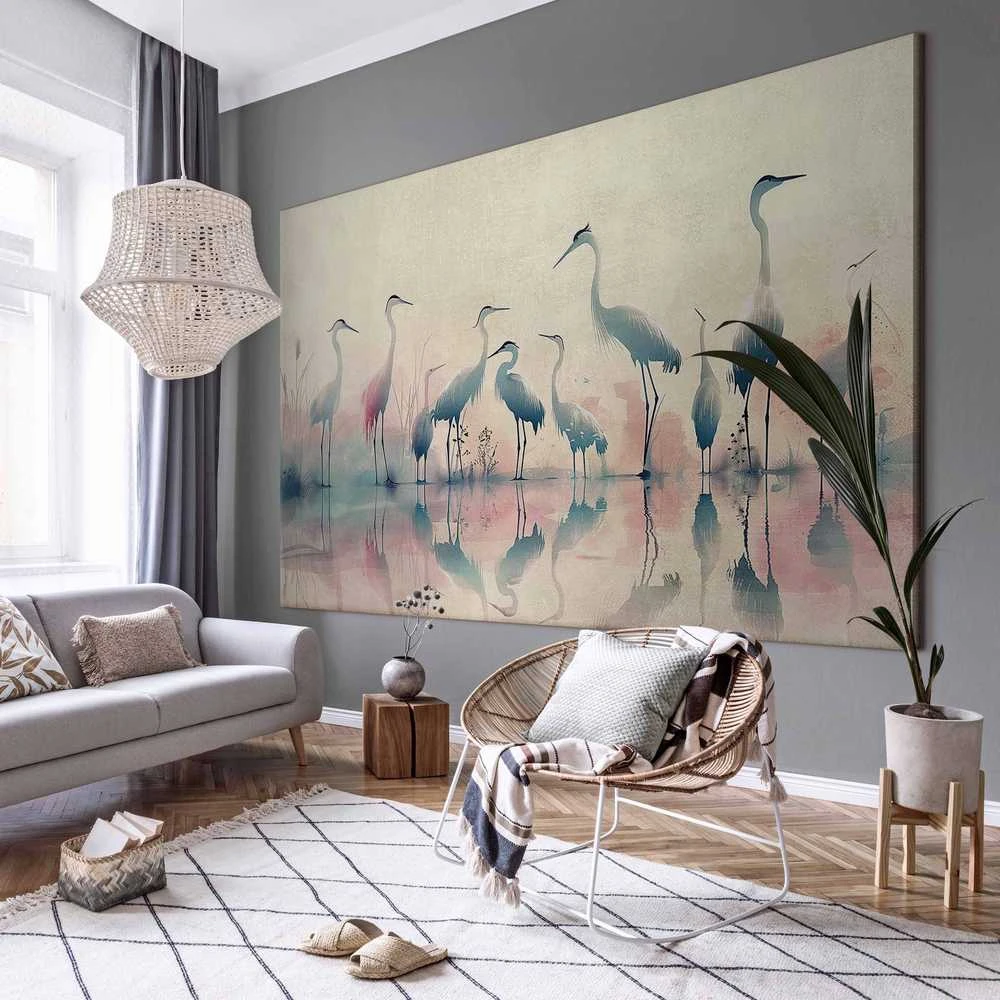 Artgeist XXL paveikslas - Birds by the lake - herons painted in watercolour in delicate pilkas and pink colours