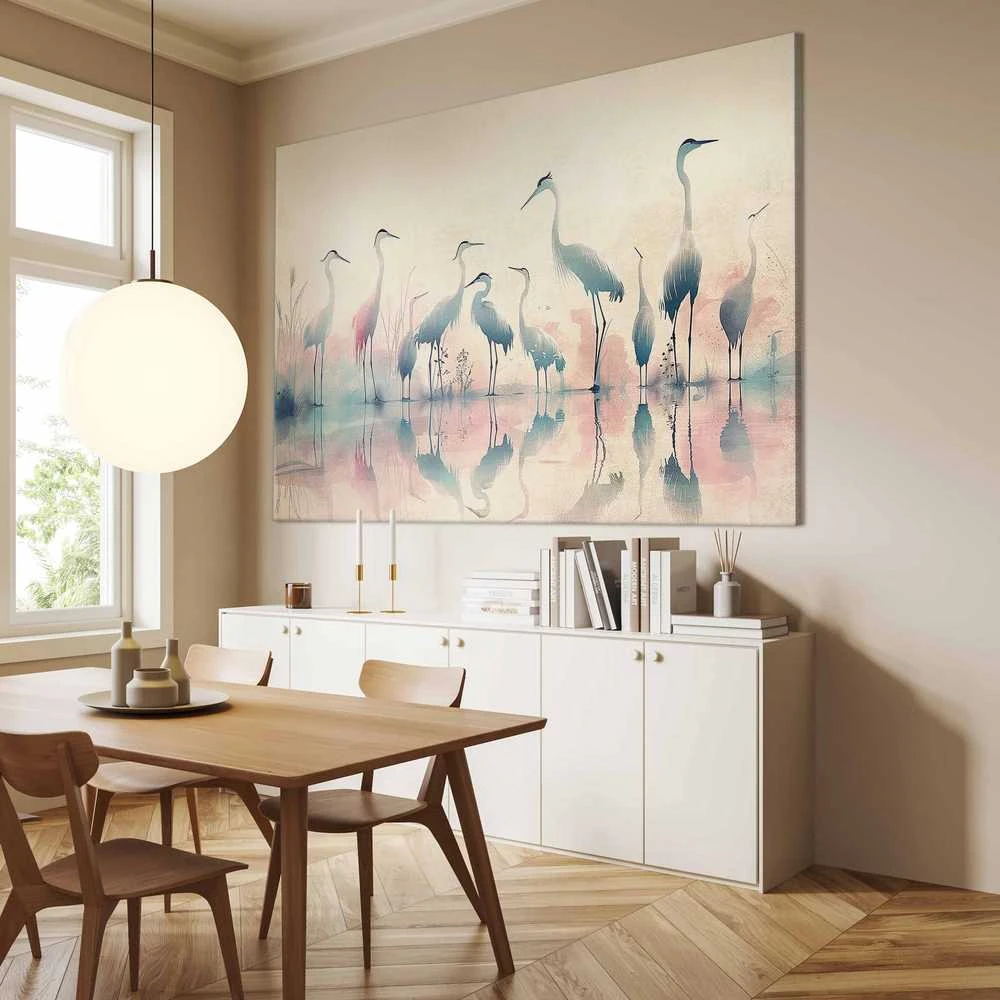 Artgeist XXL paveikslas - Birds by the lake - herons painted in watercolour in delicate pilkas and pink colours