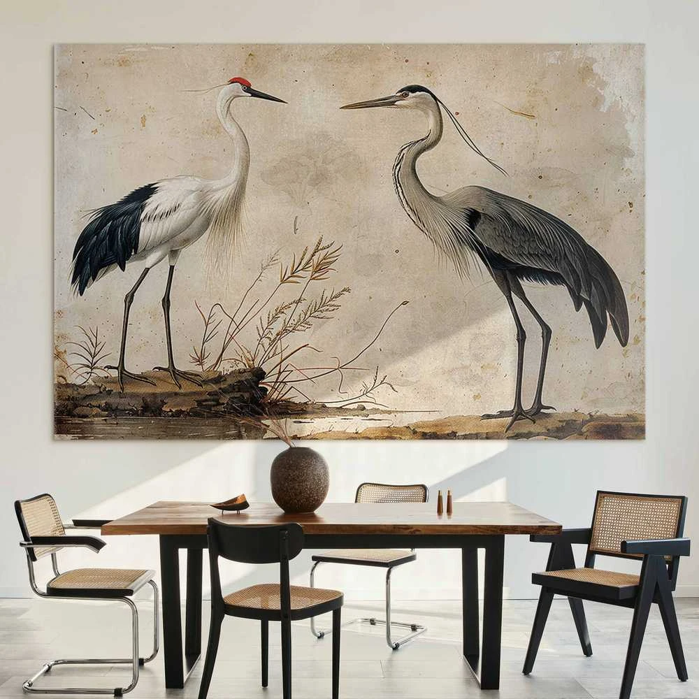 Artgeist XXL paveikslas - Birds from an old engraving - vintage-style illustration depicting a heron and a crane